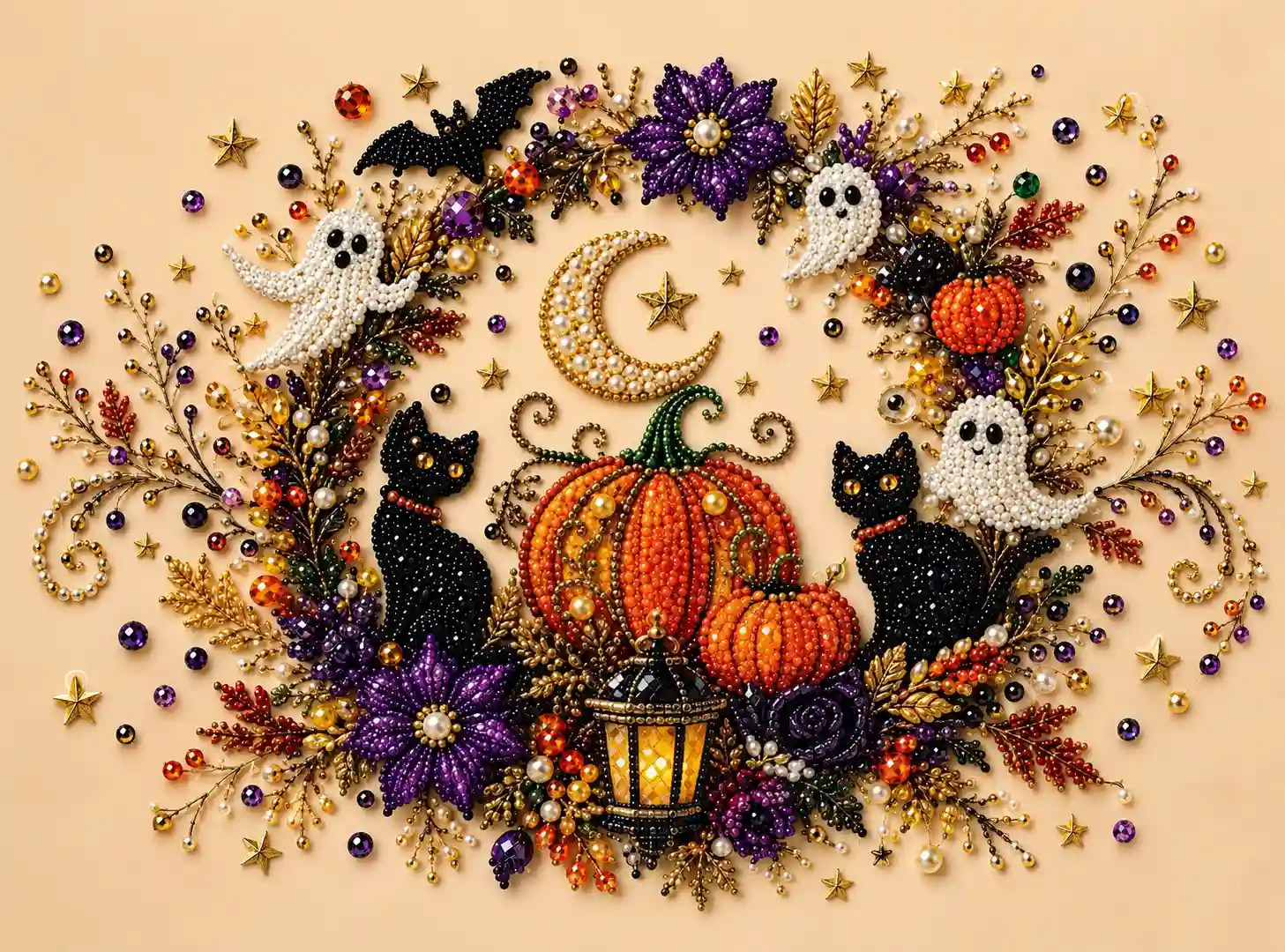 Halloween and fall beaded craft design with pumpkins, ghosts, cats and crescent moon
